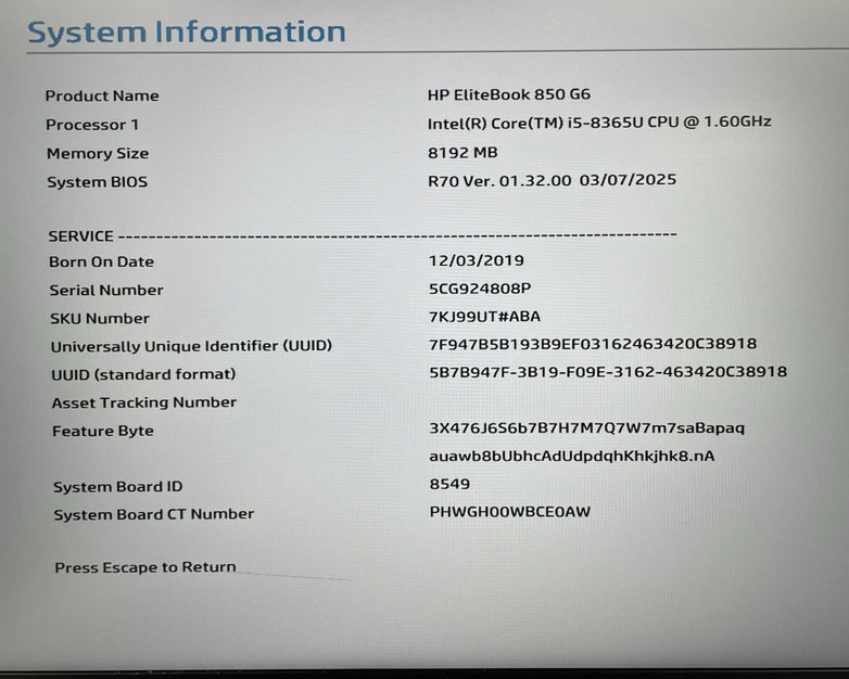 HP EliteBook 850 G6 15.6" i5-8365U 1.60 GHz 8 GB RAM No SSD/OS/AC - Bad Corner