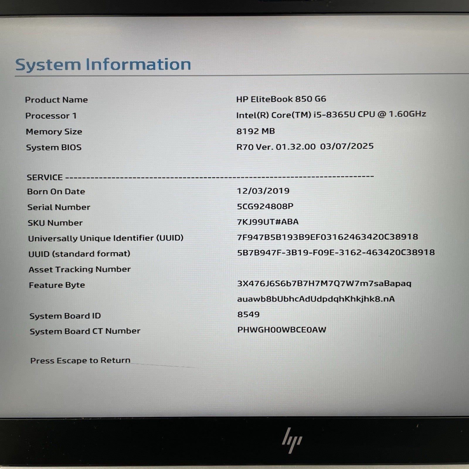 HP EliteBook 850 G6 15.6" i5-8365U 1.60 GHz 8 GB RAM No SSD/OS/AC - Bad Corner2