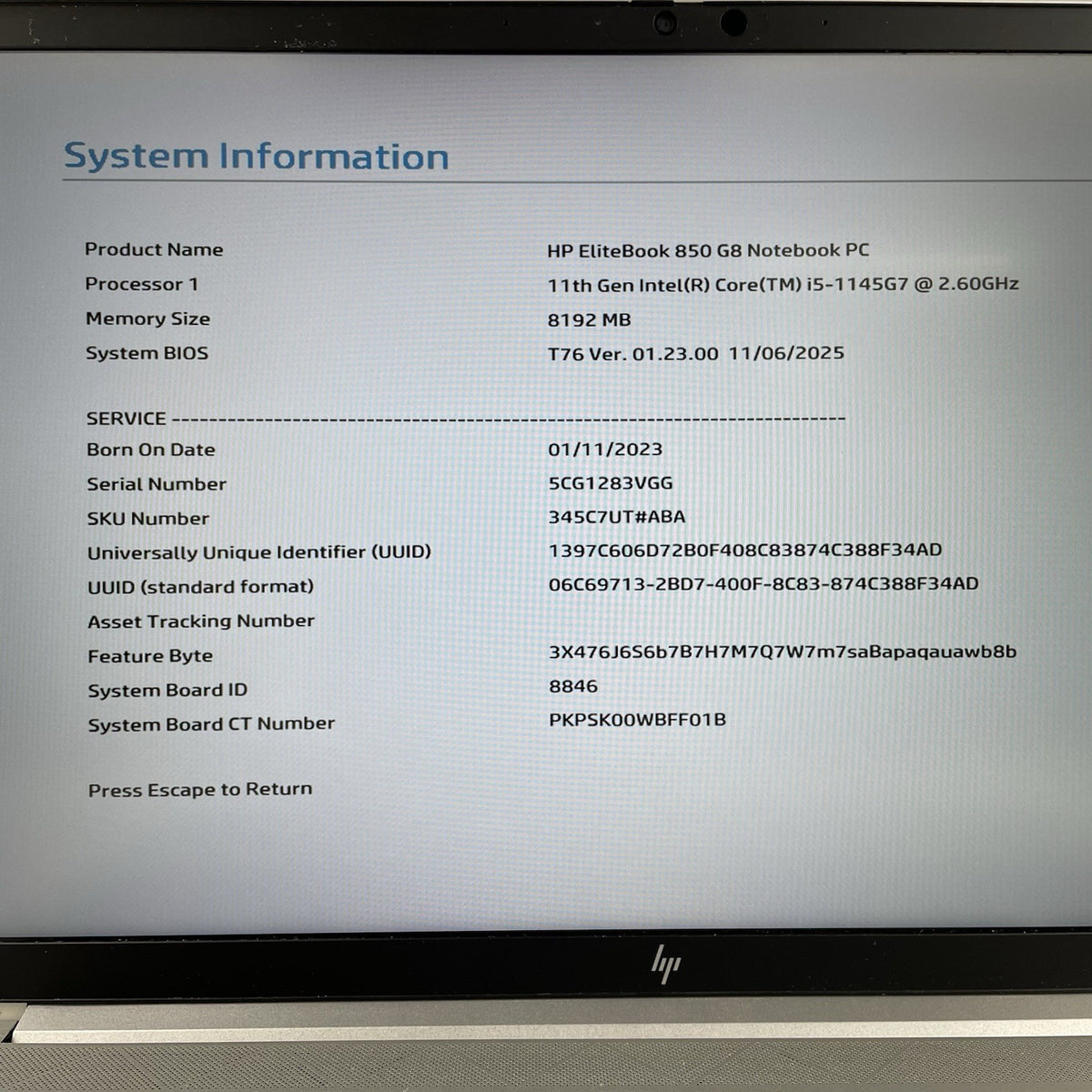 HP EliteBook 850 G8 15.6" i5-1145G7 2.60 GHz 8 GB RAM No SSD/OS/AC/Batt - Bottom3