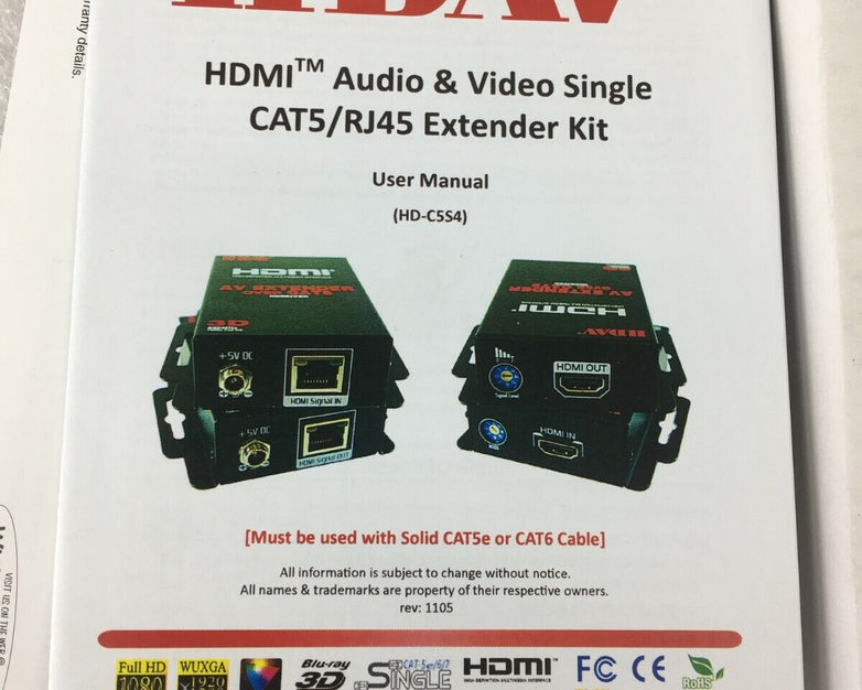 HDAV HD-C5S4 HDMI Audio Single Extender Over CAT5 UTP HD 3D 1080p (Lot of 2)
