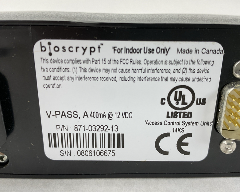 BioScrypt V-Pass A 400mA @ 12 VDC Fingerprint Scanner