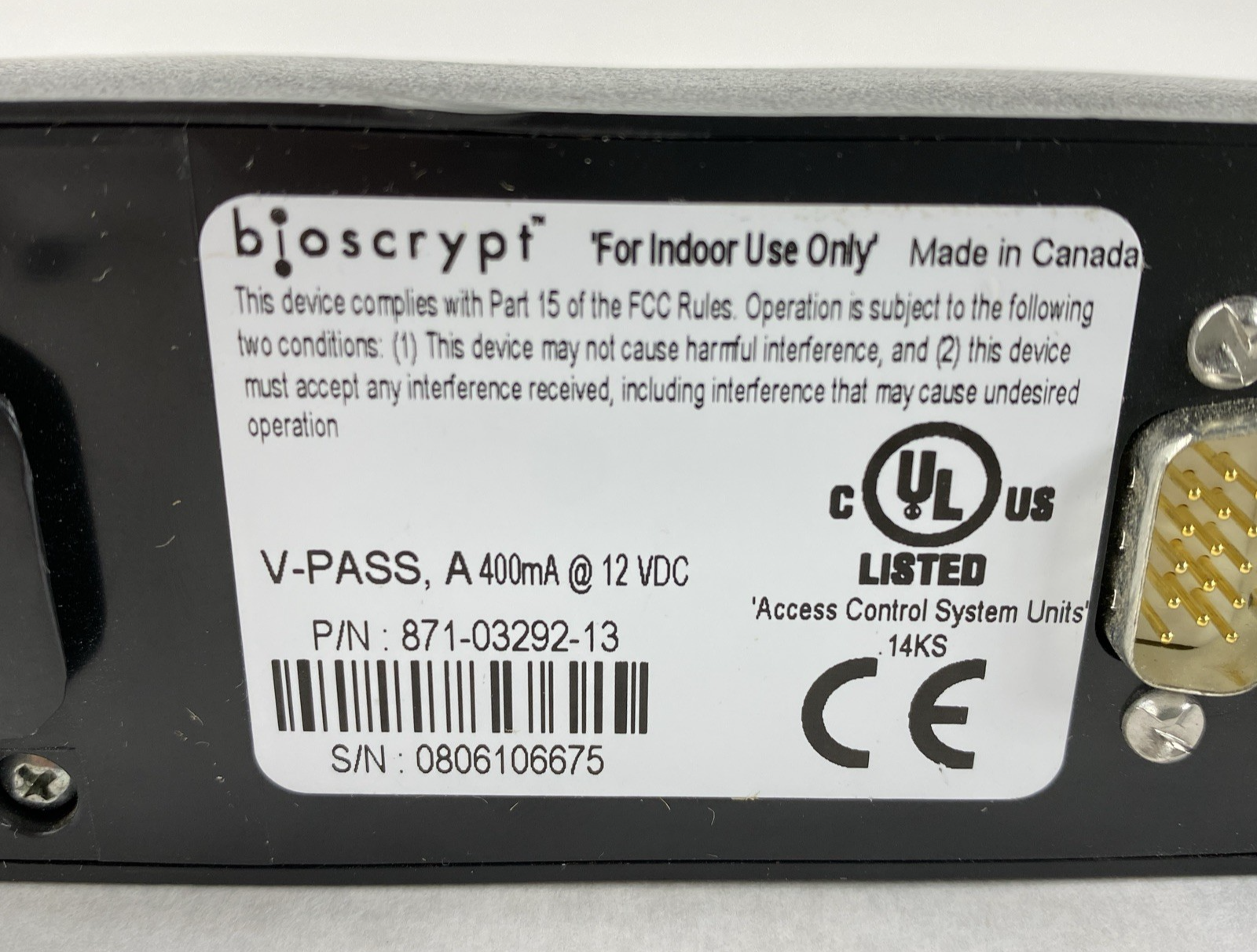 BioScrypt V-Pass A 400mA @ 12 VDC Fingerprint Scanner