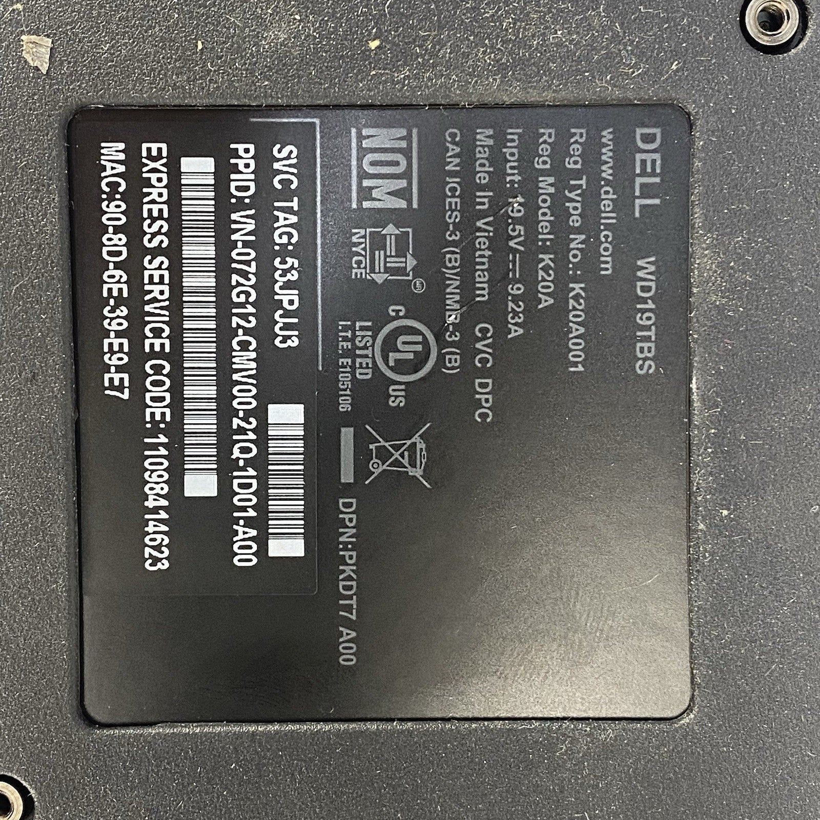 Dell WD19TBS K20A Thunderbolt Docking Station No AC Adapter Power Tested