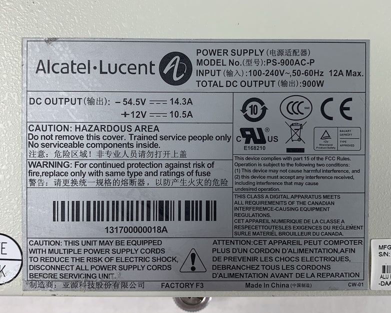 Alcatel Lucent PS-900AC-P 900W DC Output Power Supply
