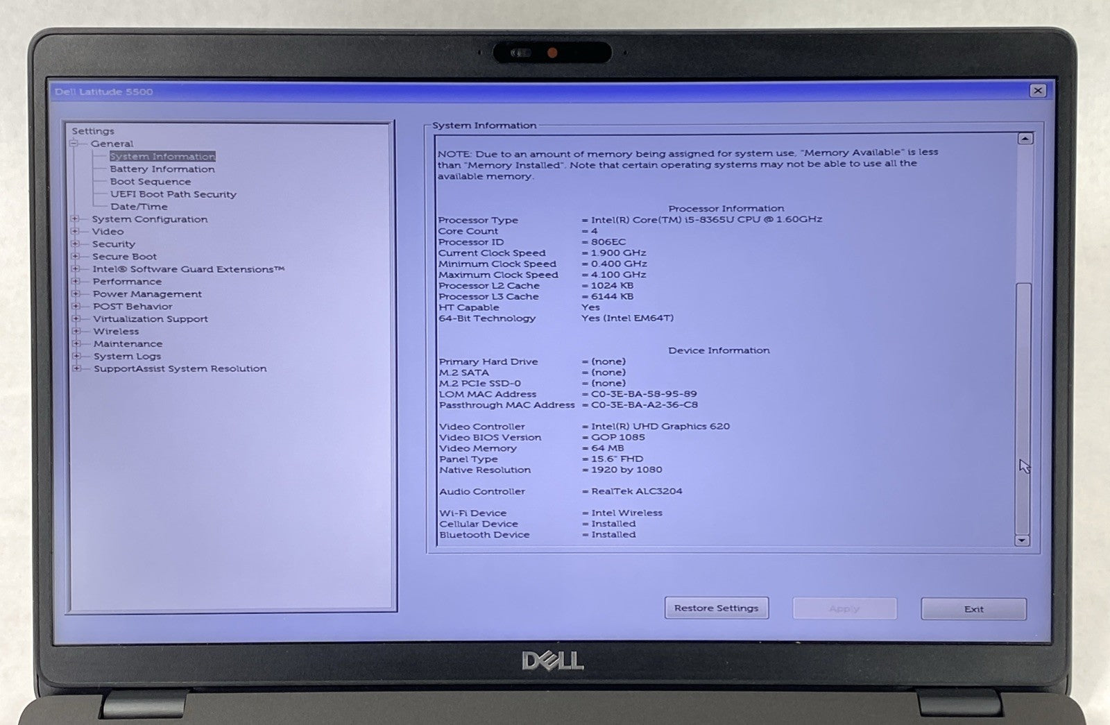 Dell Latitude 5500 Intel Core i5-8365U 1.60 GHz 8 GB RAM 15.6" No HDD No OS