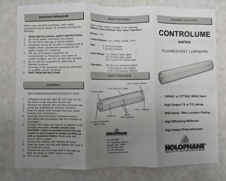 Holophane Controlume Fluorescent Luminaire CTL 120VAC or 277VAC 60Hz Input