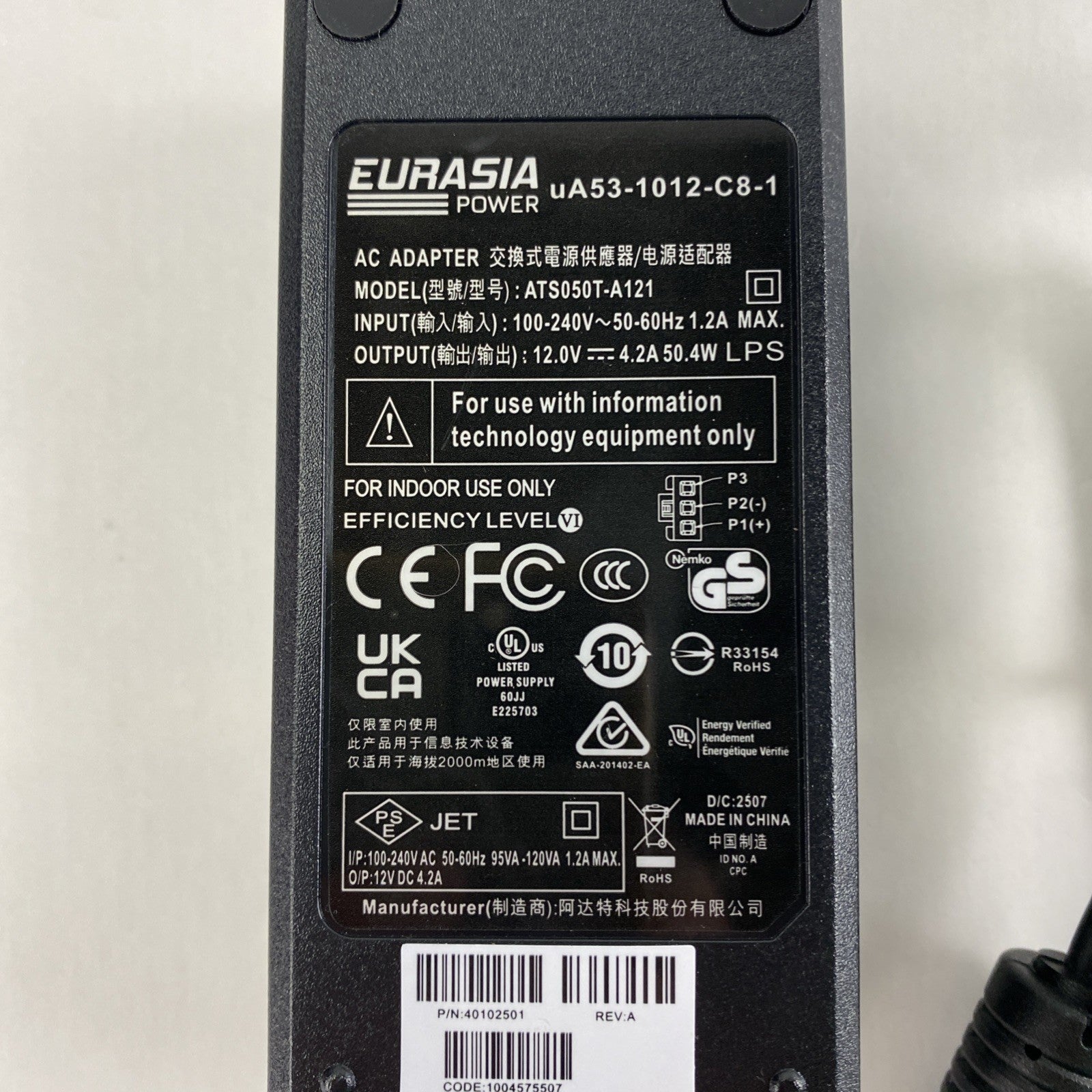 Eurasia ATS050T-A121 AC Adapter 12V No Power Cord Lot of 106