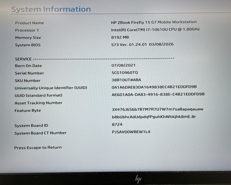 HP ZBook Firefly 15 G7 15.6" i7-10610U 1.80 GHz 8 GB RAM No SSD/OS/AC