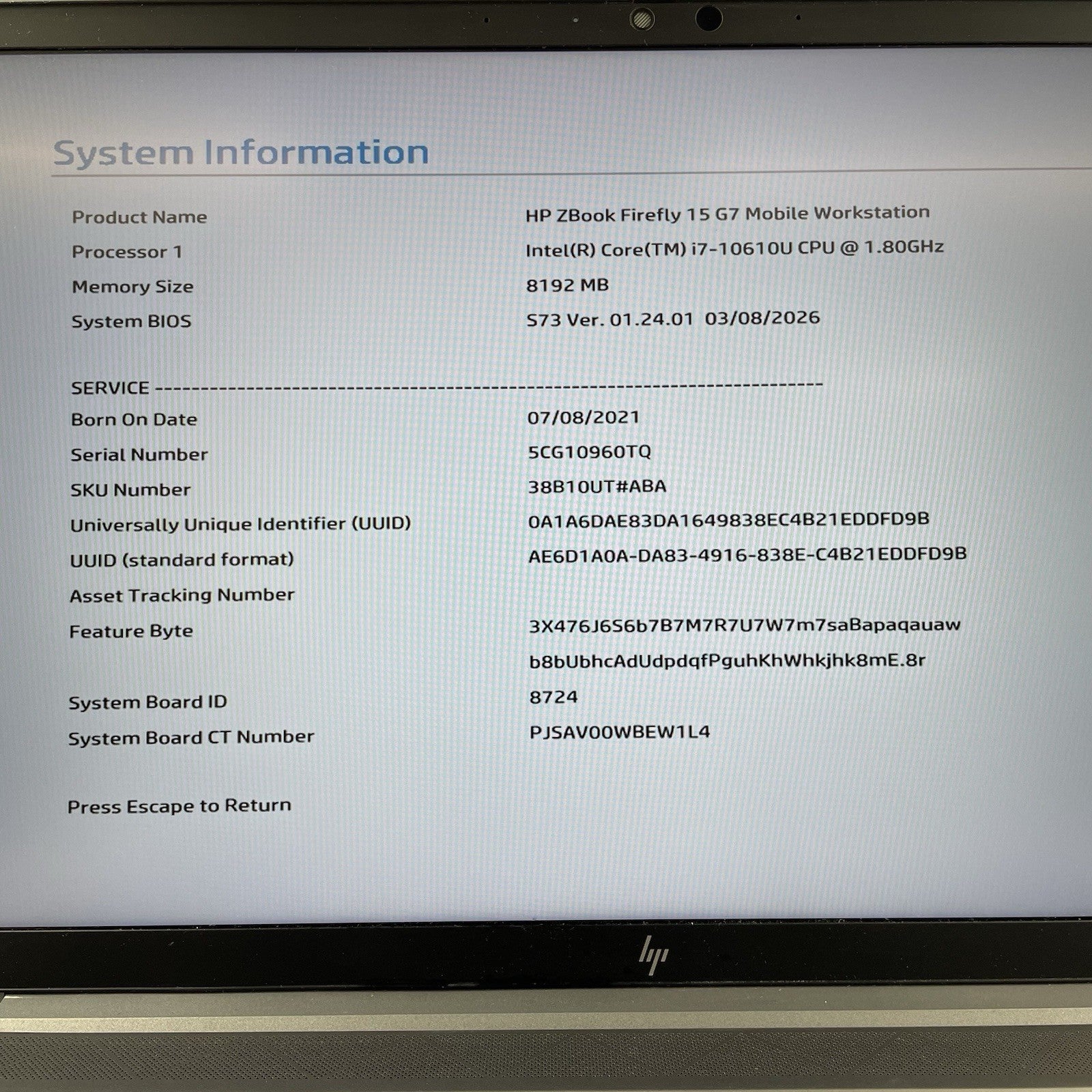 HP ZBook Firefly 15 G7 15.6" i7-10610U 1.80 GHz 8 GB RAM No SSD/OS/AC2