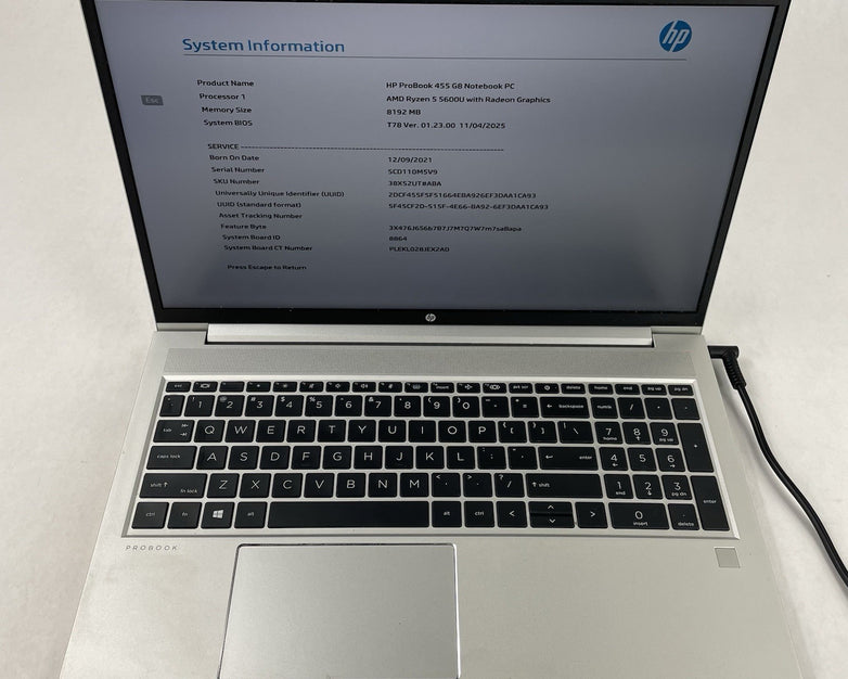 HP ProBook 455 G8 15.6" AMD Ryzen 5 5600U 2.30 GHz 8 GB RAM No SSD/OS/AC/Batt