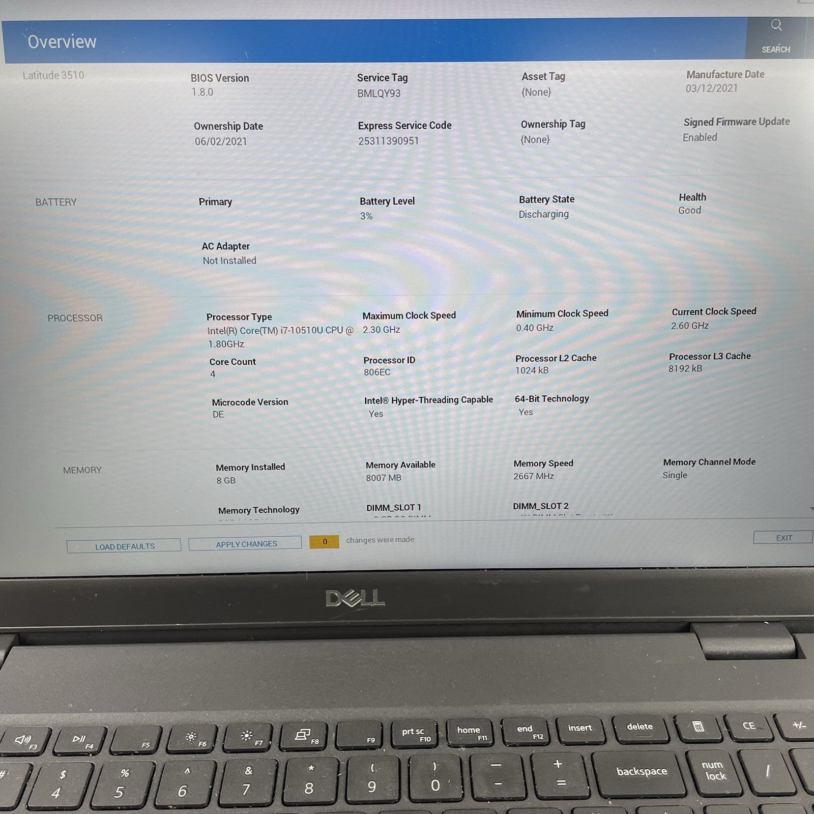 Dell Latitude 3510 15.6" i7-10510U 1.80 GHz 8 GB RAM No SSD/OS/AC2