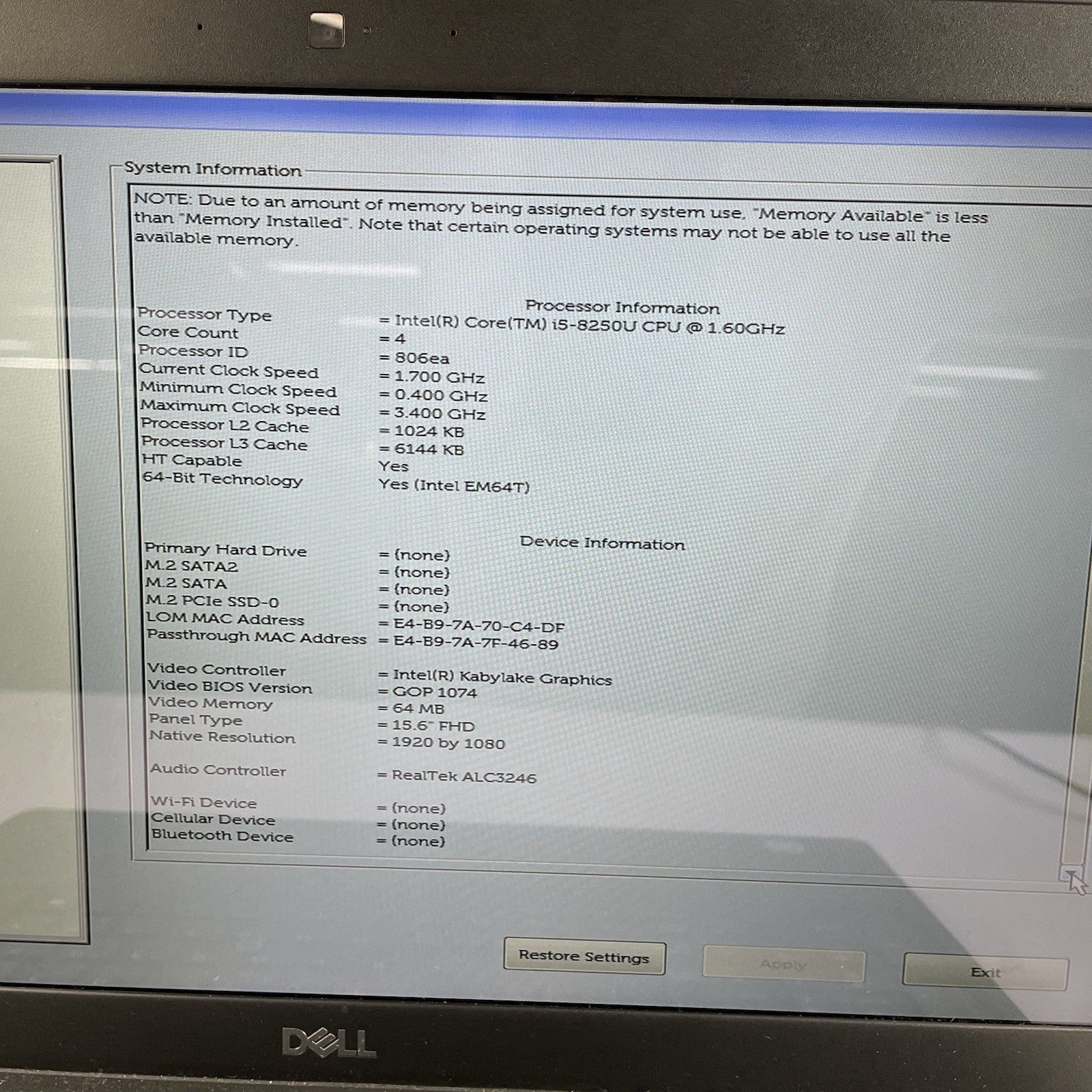 Dell Latitude 5590 15.6" i5-8250U 1.6GHz 8GB RAM No SSD No OS - Missing Wireless3