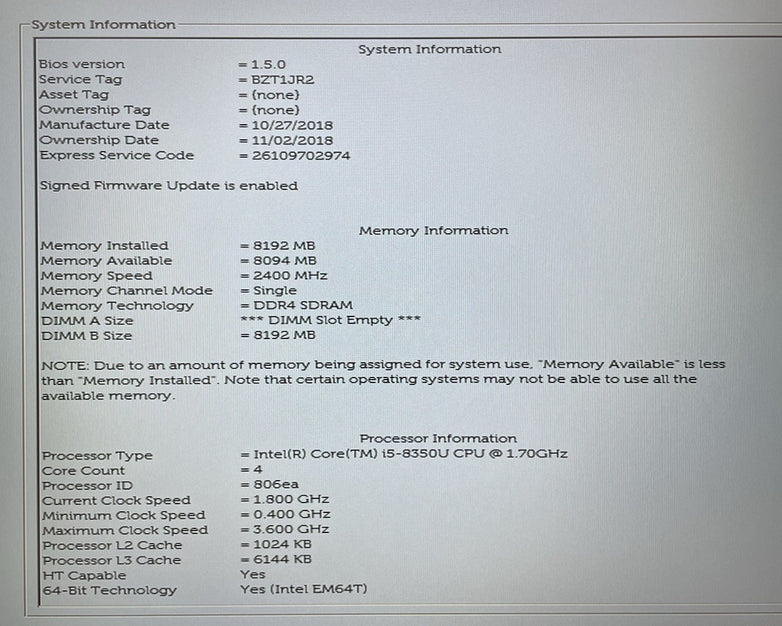 Dell Latitude 5590 15.6" i5-8350U 1.70 GHz 8 GB RAM No SSD/OS/AC