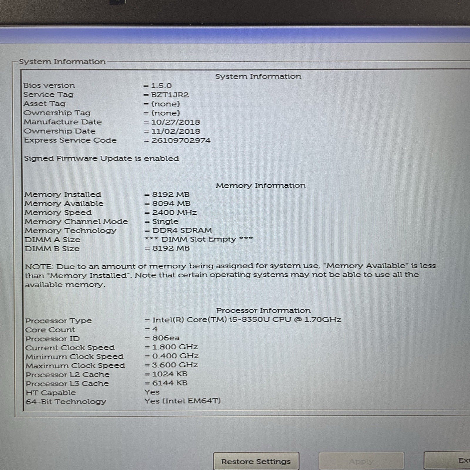 Dell Latitude 5590 15.6" i5-8350U 1.70 GHz 8 GB RAM No SSD/OS/AC2