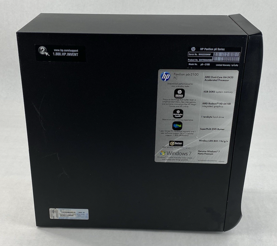 HP Pavilion P6-2100 MT AMD A4-3420 2.80GHz 4GB RAM No HDD No OS