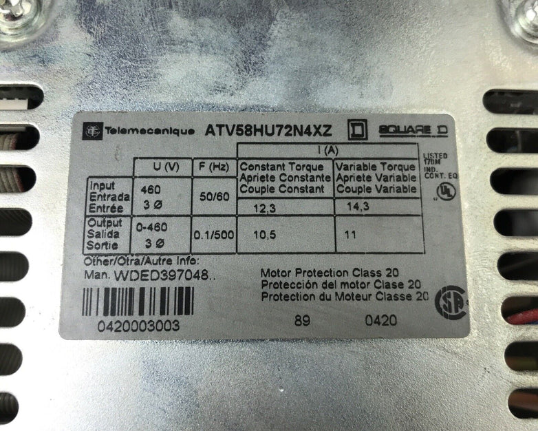 Telemecanique Square D ATV58HU72N4XZ AC Drive Controller Component 460V 3PH