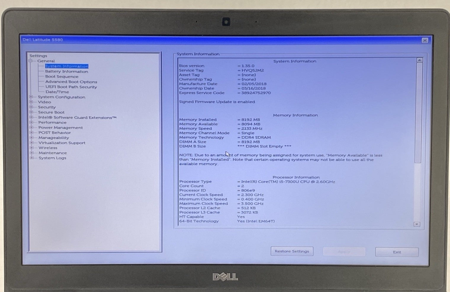 Dell Latitude 5580 Core i5-7300U 2.60 GHz 8 GB RAM 15.6" No Battery No HDD No OS