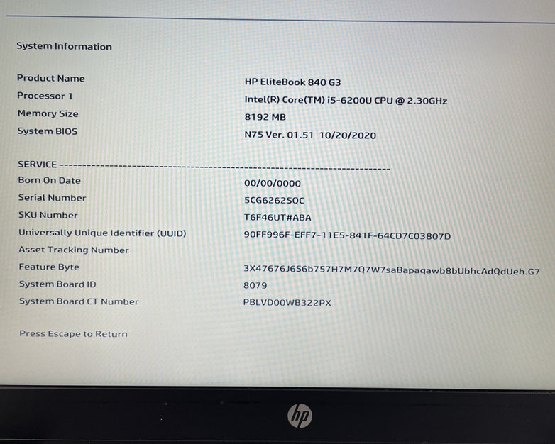 HP EliteBook 840 G3 14" i5-6200U 2.30 GHz 8 GB RAM No SSD/OS/AC/Batt