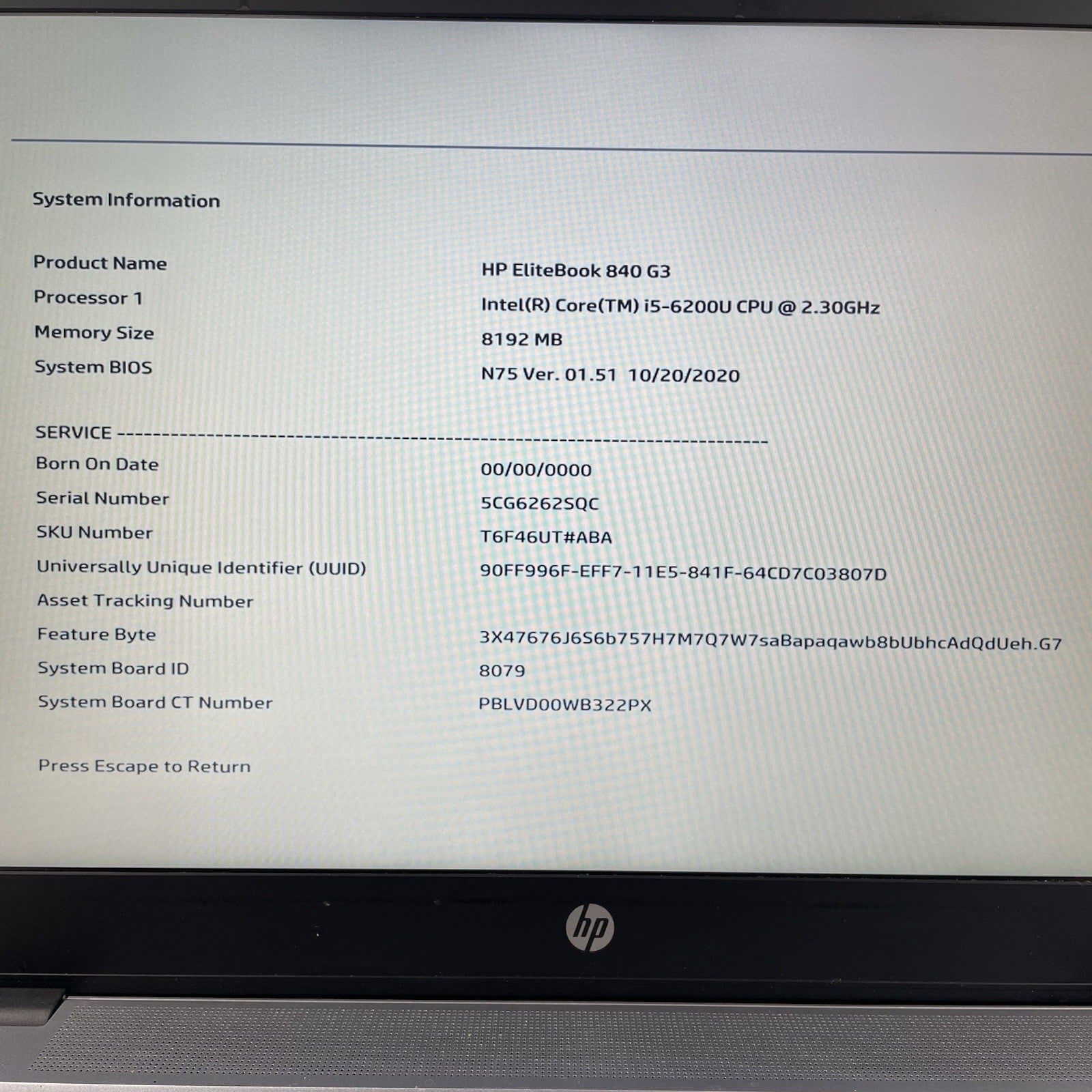 HP EliteBook 840 G3 14" i5-6200U 2.30 GHz 8 GB RAM No SSD/OS/AC/Batt2
