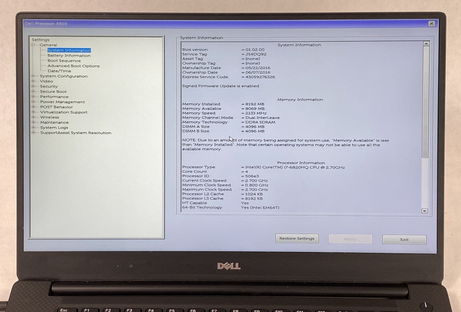 Dell Precision 5510 Intel Core i7-6820HQ 2.7 GHz 8 GB RAM 15.6" No HDD No OS