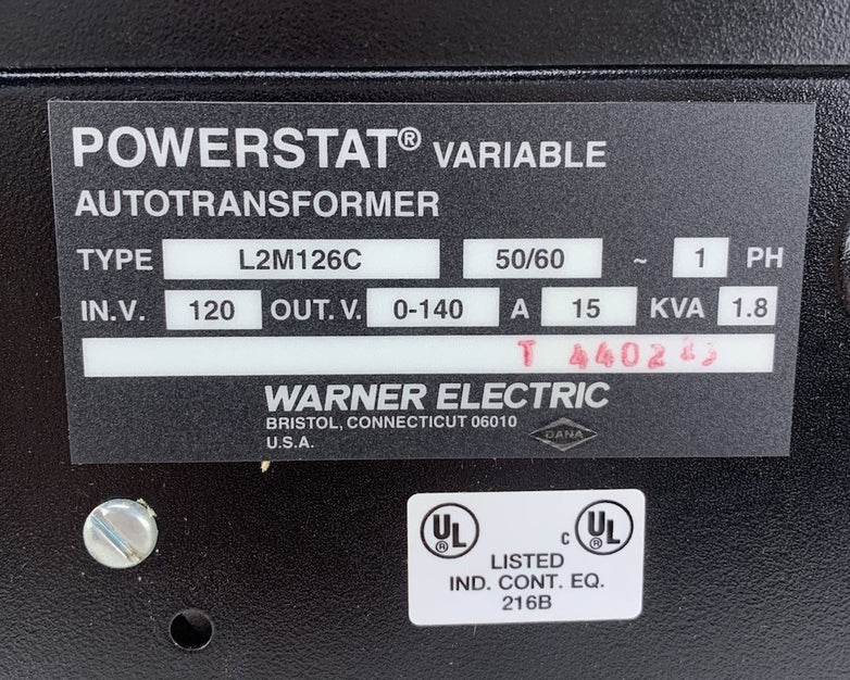 Warner Electric L2M126C Powerstat Variable Autotransformer - Tested