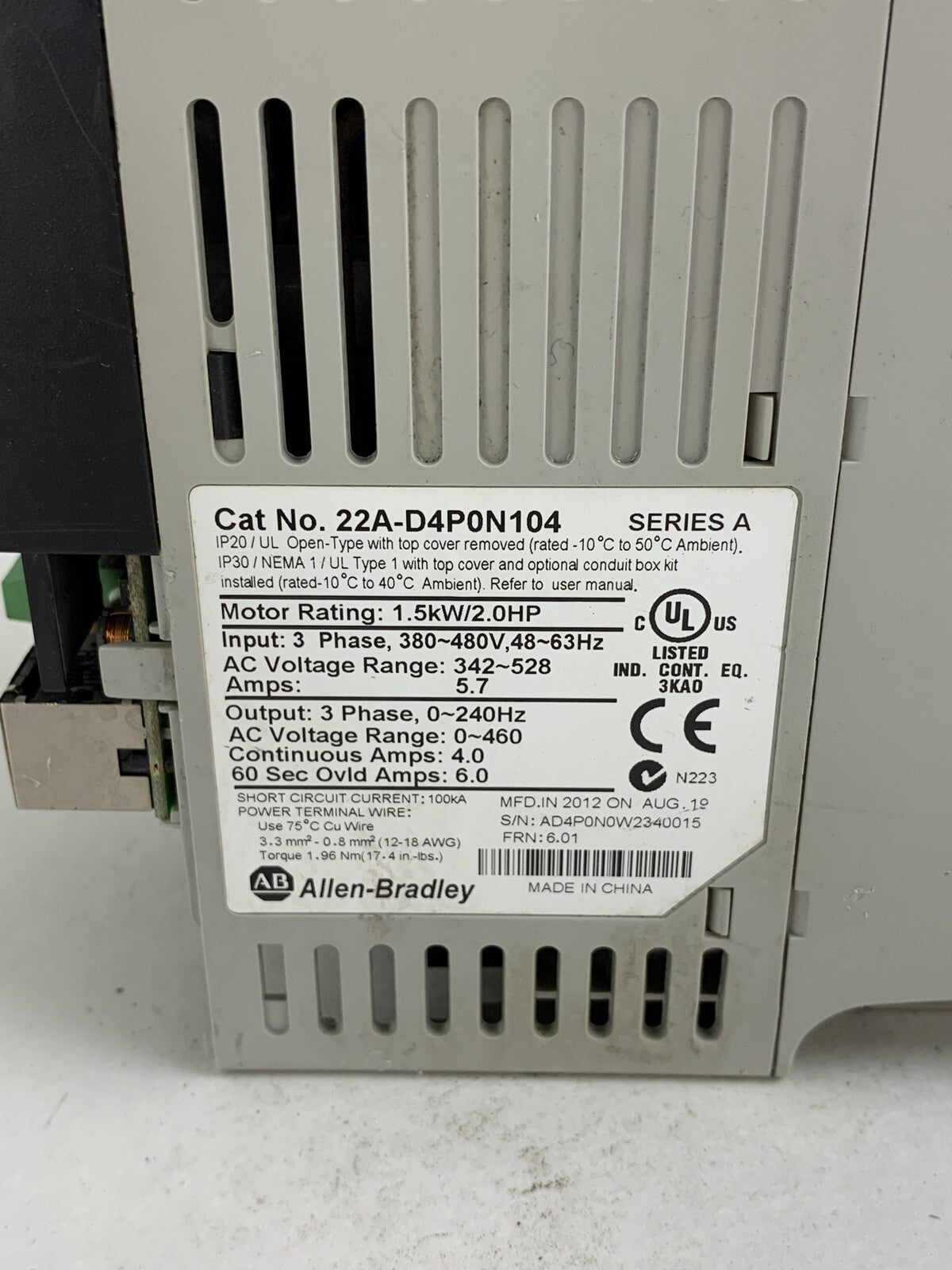 Allen Bradley 22A-D4P0N104 Series A 1.5kW/2.0HP 460V - Untested Parts and Repair6