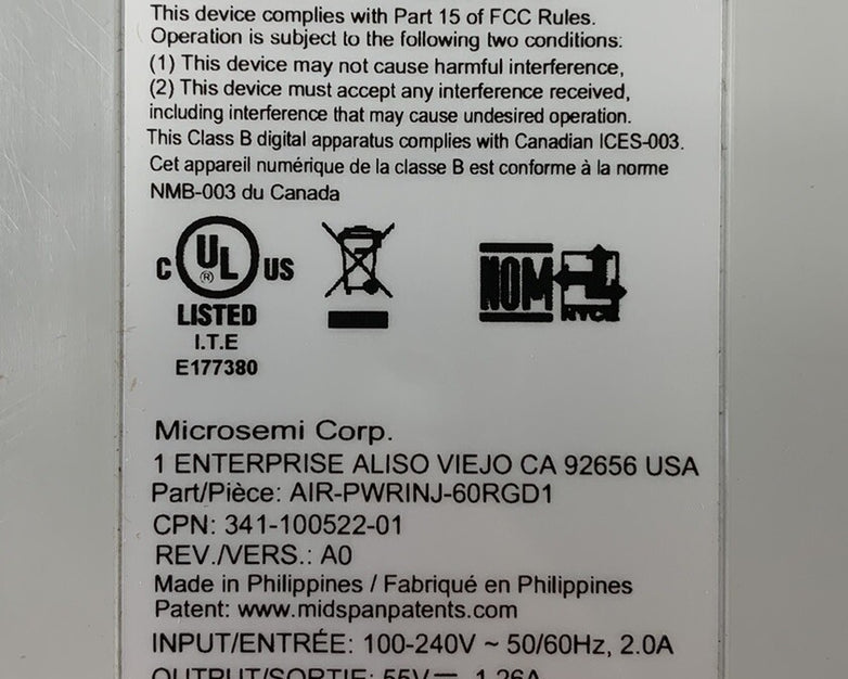Microsemi PWR-INJ60GO/AC-NA Power Over Ethernet Midspan