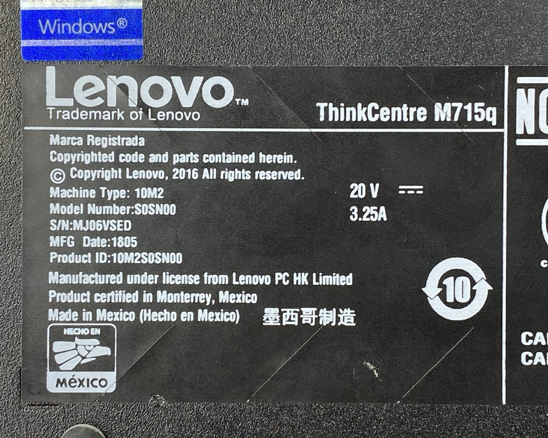 Lenovo ThinkCentre M715Q Micro AMD Pro A10-9700E 3GHz 8GB RAM No HDD/OS/AC