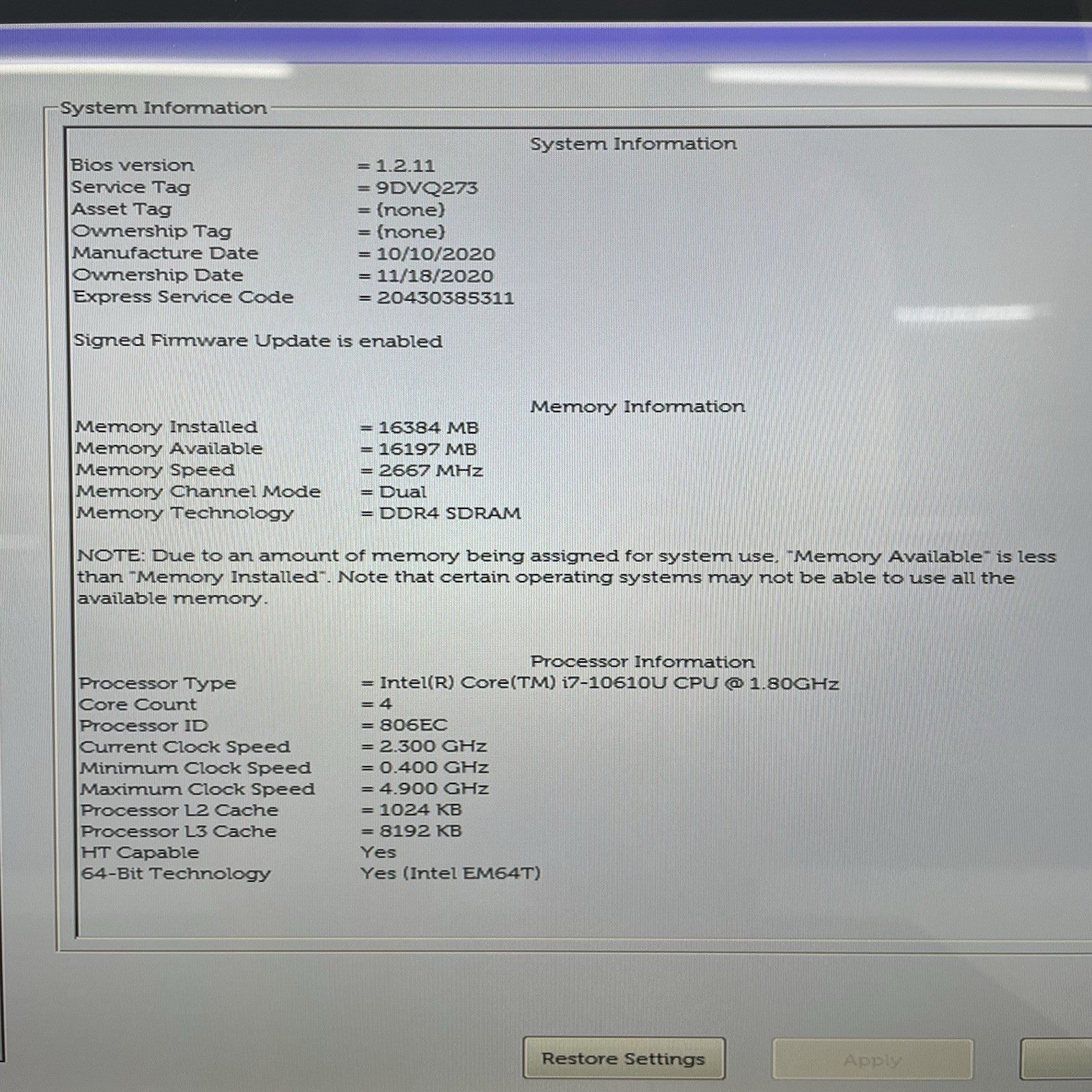 Dell Latitude 7410 14" i7-10610U 1.80 GHz 16 GB RAM No SSD/OS/AC/Batt4