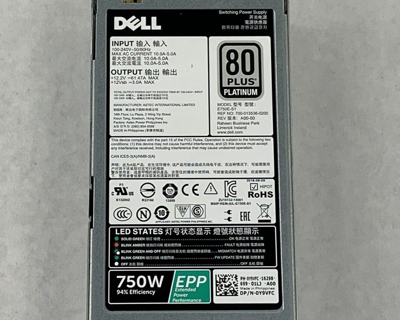 Dell 0Y9VFC 750w EPP PSU Power Supply for PowerEdge 80+ Platinum 0HTRH4 05RHVV