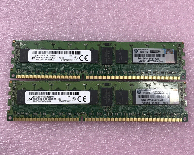 Micron 16GB Kit 2x8GB 1Rx4 PC3-1280R-11-13-C2 Ram MT18JSF1G72PZ-1G6E1FI Lot of 2