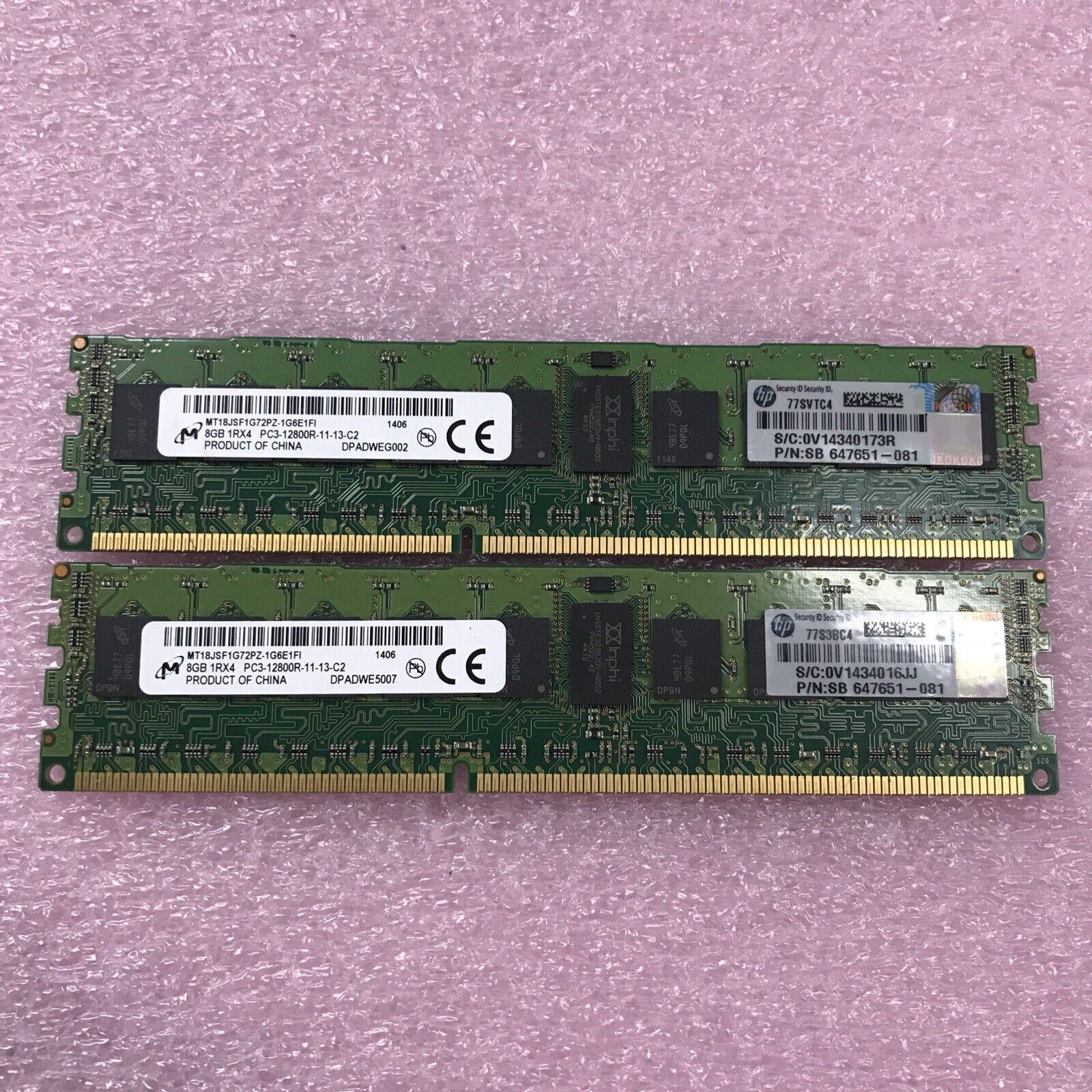 Micron 16GB Kit 2x8GB 1Rx4 PC3-1280R-11-13-C2 Ram MT18JSF1G72PZ-1G6E1FI Lot of 2