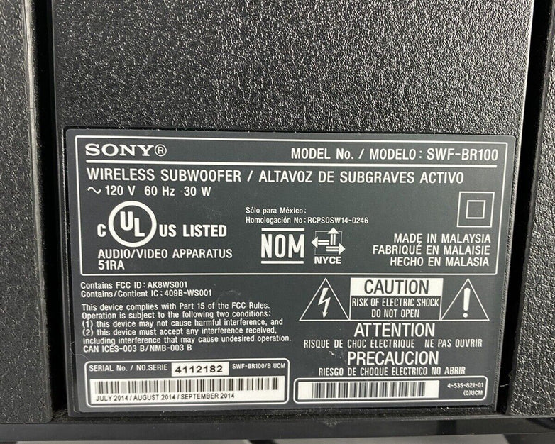 Sony SWF-BR100 Subwoofer NO USB DONGLE TRANSCEIVER