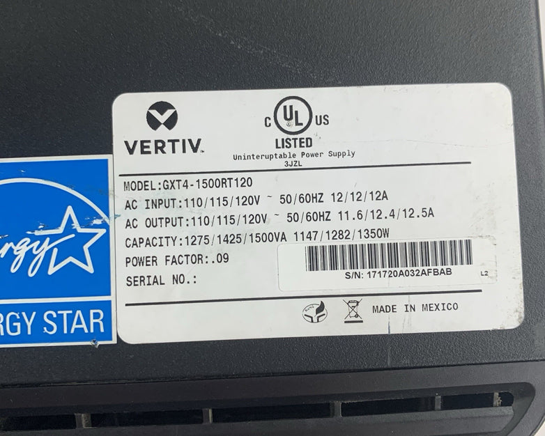 Liebert Vertiv GXT4-1500RT120 GXT4 1500VA Tested No Battery w/ IS-UNITY-DP