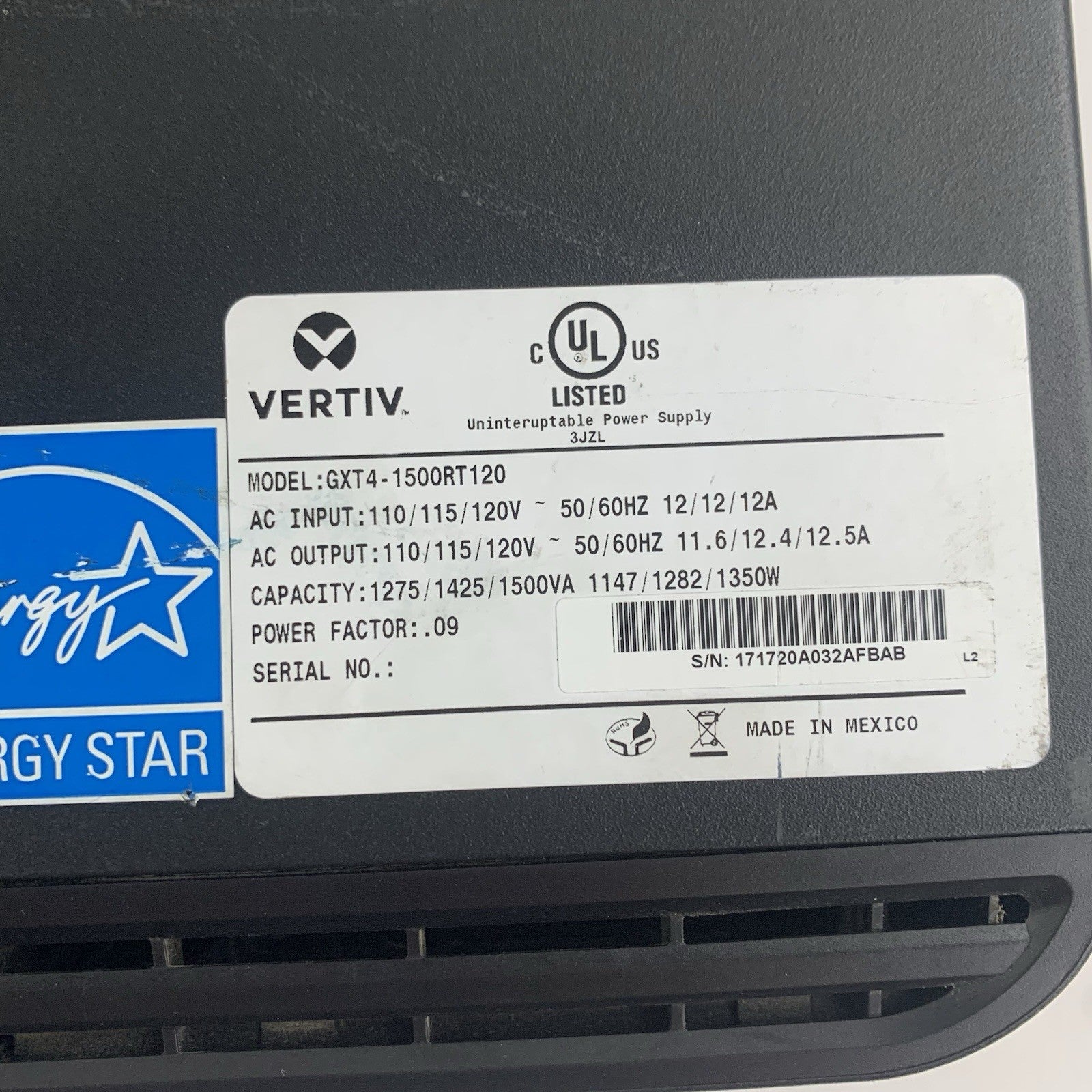 Liebert Vertiv GXT4-1500RT120 GXT4 1500VA Tested No Battery w/ IS-UNITY-DP4