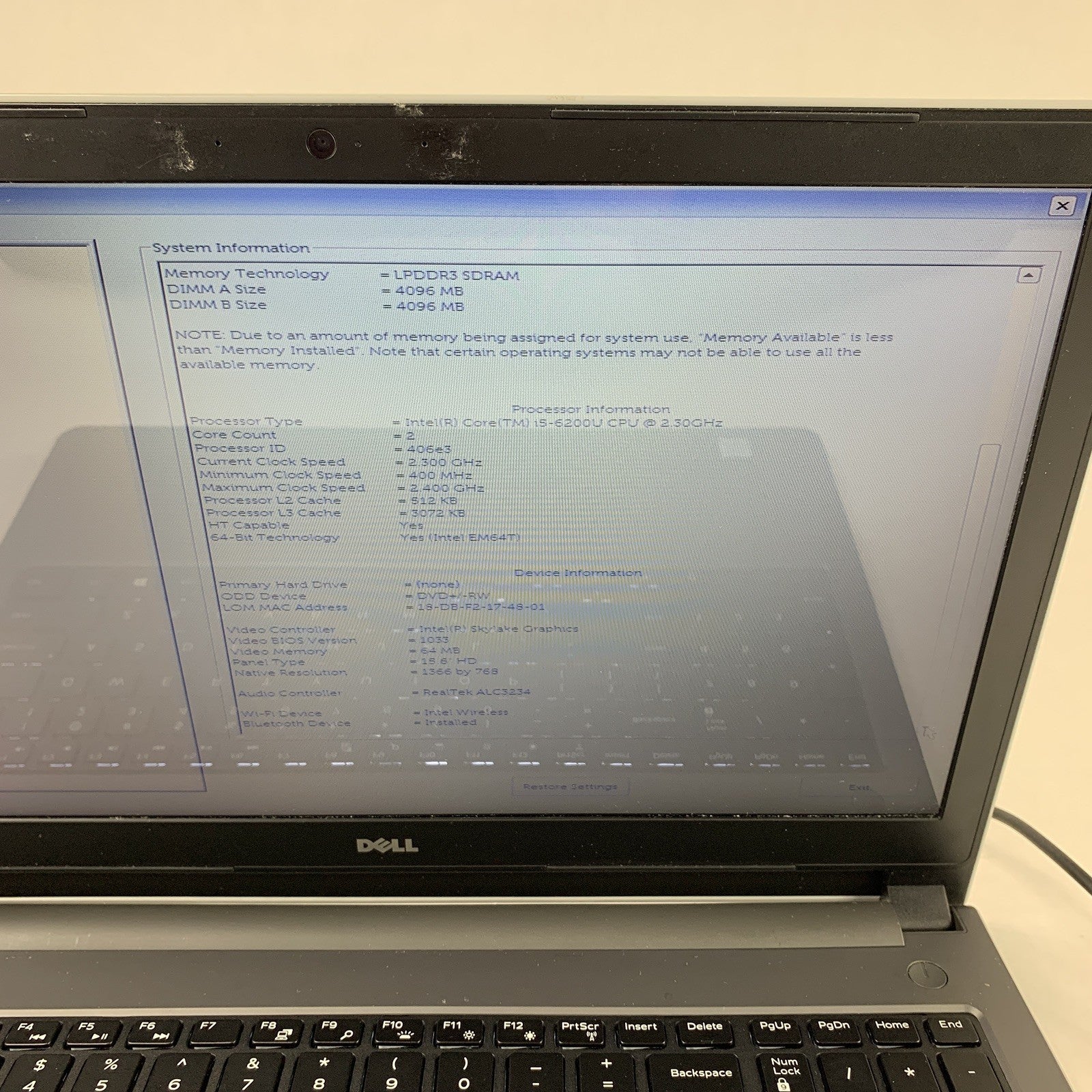 Dell Inspiron Laptop 5559 i5-6200U 2.3 GHz 8 GB Ram No OS No HDD No Batt No AC