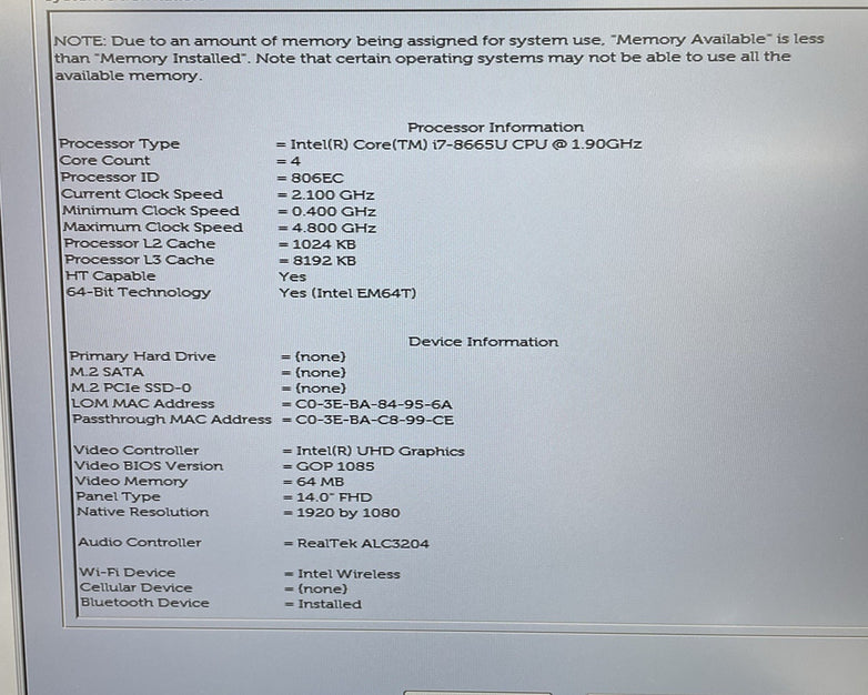 Dell Latitude 5400 14" i7-8665U 1.90 GHz 8 GB RAM No SSD/OS/AC - READ