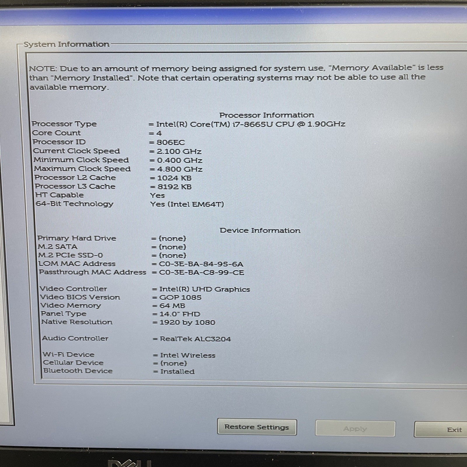 Dell Latitude 5400 14" i7-8665U 1.90 GHz 8 GB RAM No SSD/OS/AC - READ3