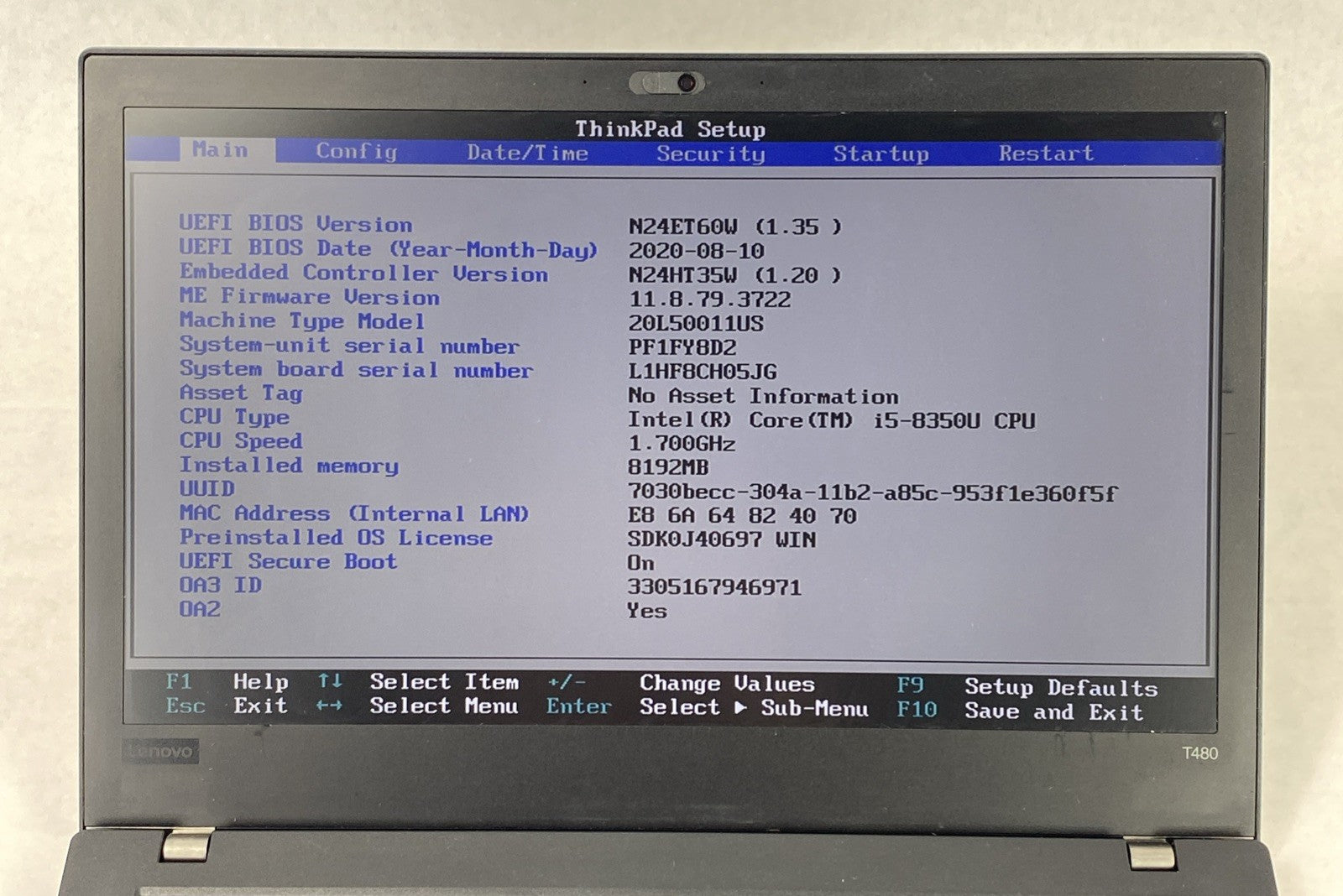 Lenovo ThinkPad T480 Core i5-8350U 1.70 GHz 8 GB RAM 14" No Battery No HDD No OS