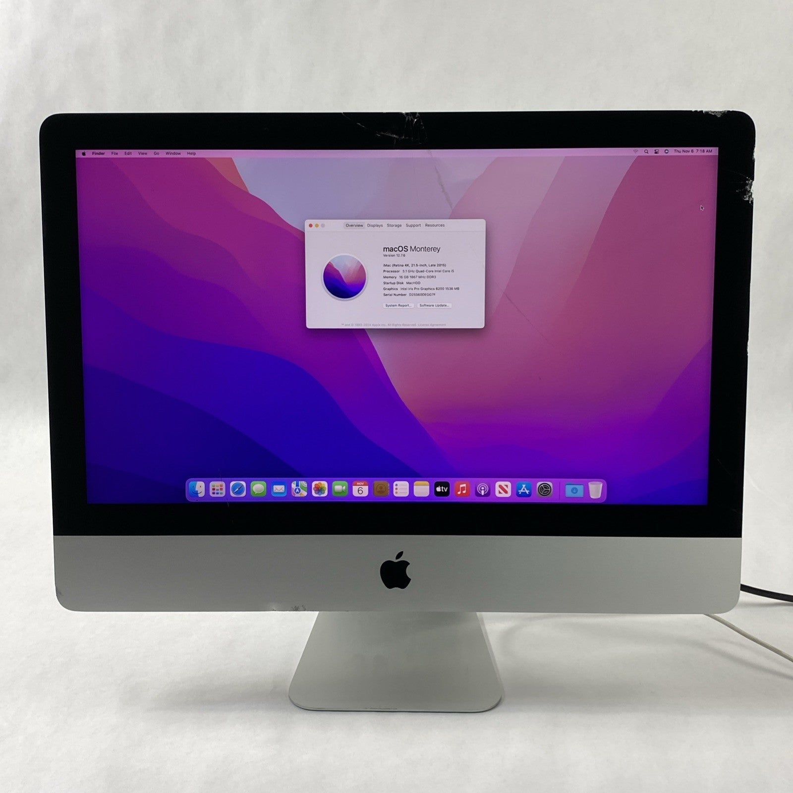 Apple A1418 iMac Retina 4k 21.5" 2015 3.1GHz i5 16GB RAM 1TB Fusion - Cracked