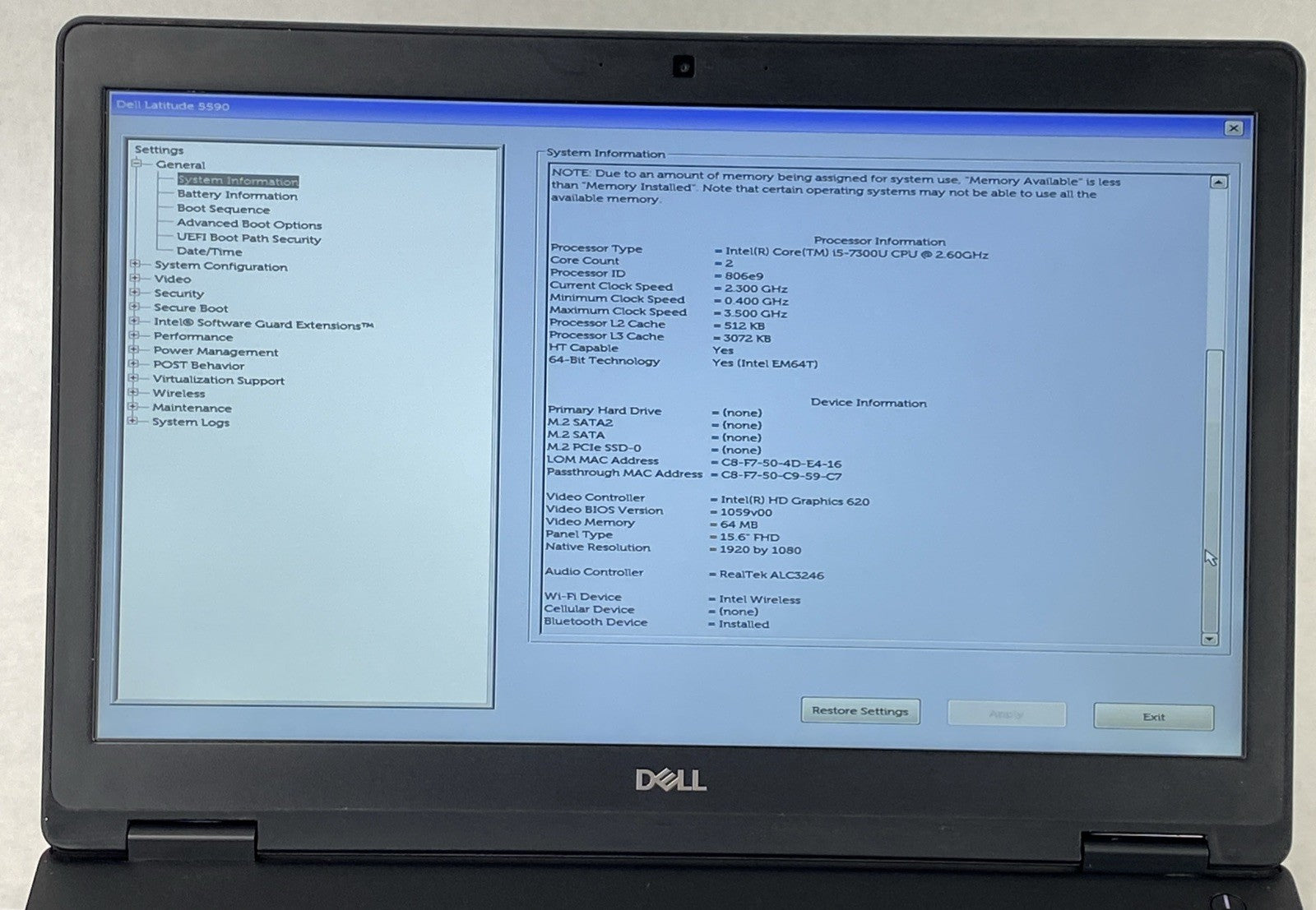 Dell Latitude 5590 Intel Core i5-7300U 2.60 GHz 8 GB RAM 15.6" No HDD No OS