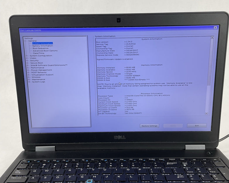 Dell Latitude E5570 15.6" Core i5-6300U 2.40 GHz 8 GB RAM No SSD No OS No Batter