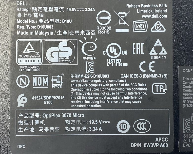 Dell OptiPlex 3070 Micro Intel Core i5-9500T 2.2GHz 8GB RAM No HDD OS Power Cord