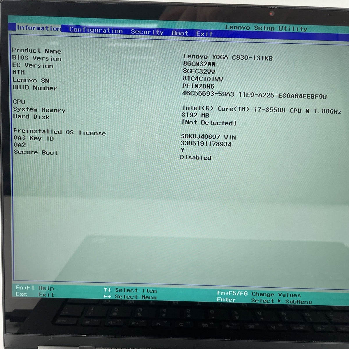 Lenovo Yoga C930-131KB 14" i7-8550U 1.80 GHz 8 GB RAM No SSD/OS/AC/Batt3