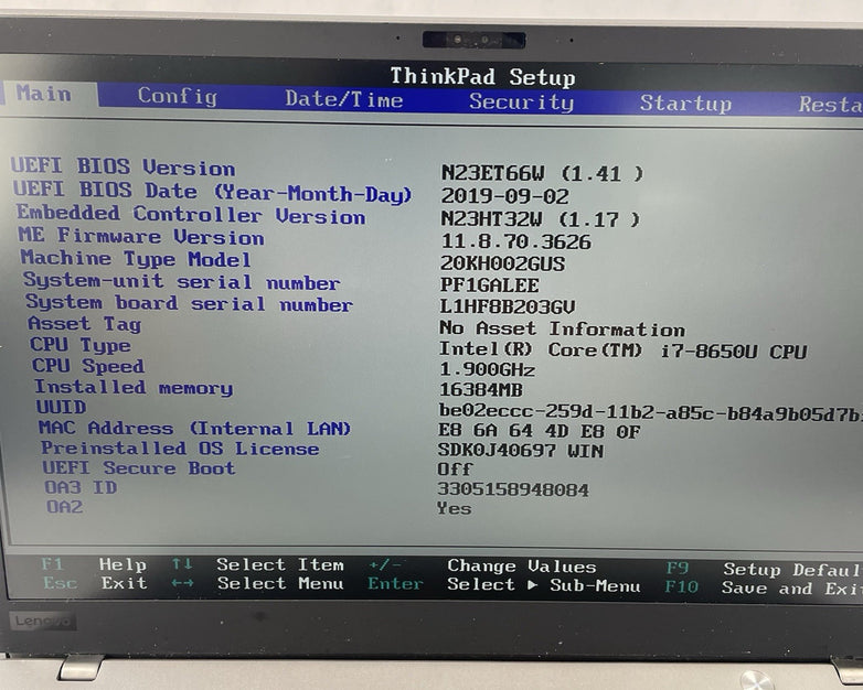Lenovo ThinkPad X1 Carbon G6 14" i7-8650U 1.90 GHz 16 GB RAM No SSD/OS/AC