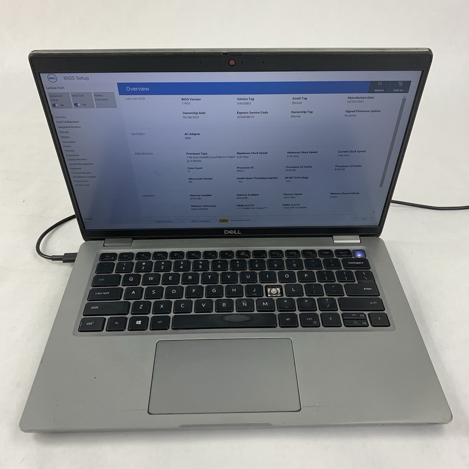 Dell Latitude 5420 14" i5-1135G7 1.40 GHz 8 GB RAM No SSD/OS/AC/BATT/K Key1