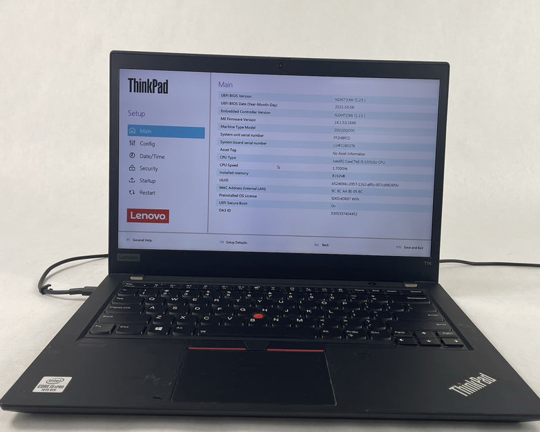 Lenovo ThinkPad T14 Gen 1 14" i5-10310U 1.70 GHz 8 GB RAM No SSD No OS No Batt