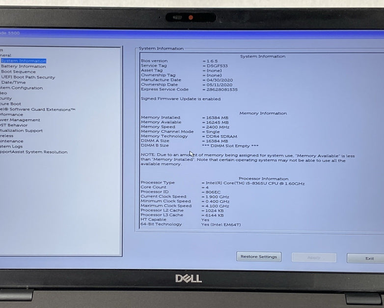 Dell Latitude 5500 Core i5-8365U 1.60 GHz 16GB RAM 15.6" No HDD No OS