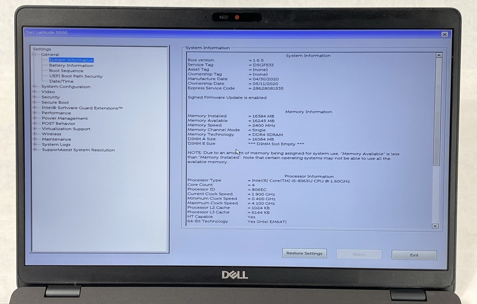 Dell Latitude 5500 Core i5-8365U 1.60 GHz 16GB RAM 15.6" No HDD No OS