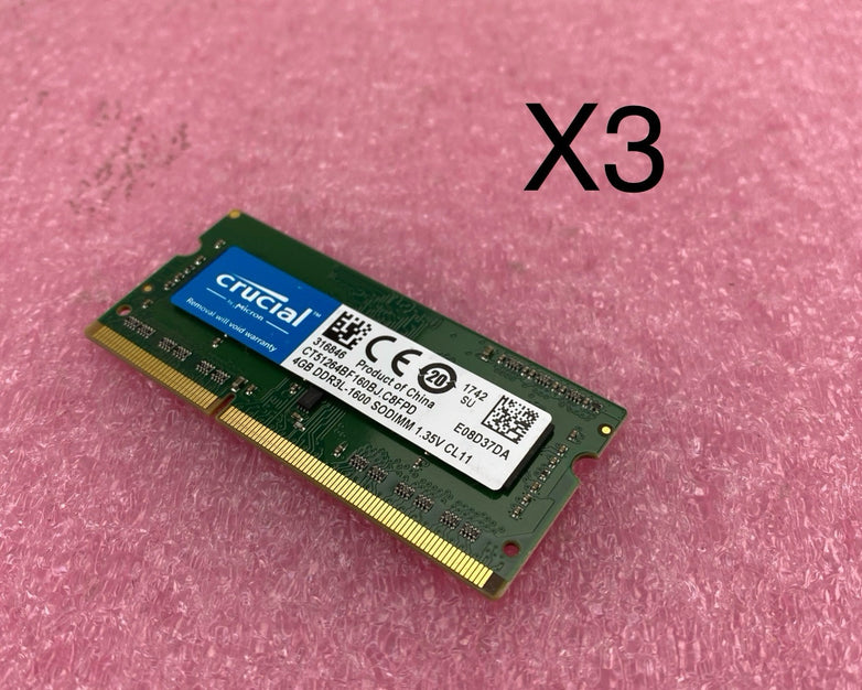 Crucial 4GB DDr3L-1600 Laptop Memory Ram CT51264BF160BJ.C8FPD - Lot of 3